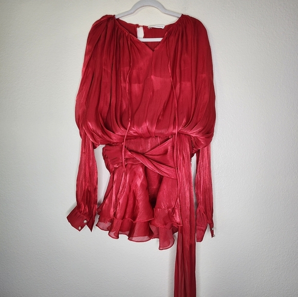 Sierra Darien Red Aminah Balloon Sleeve Ruch Ruffle Mini Dress Set S - Picture 2 of 8